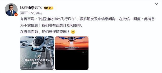 比亚迪要出飞行汽车？官方直接辟谣！直言流量面前要保持克制